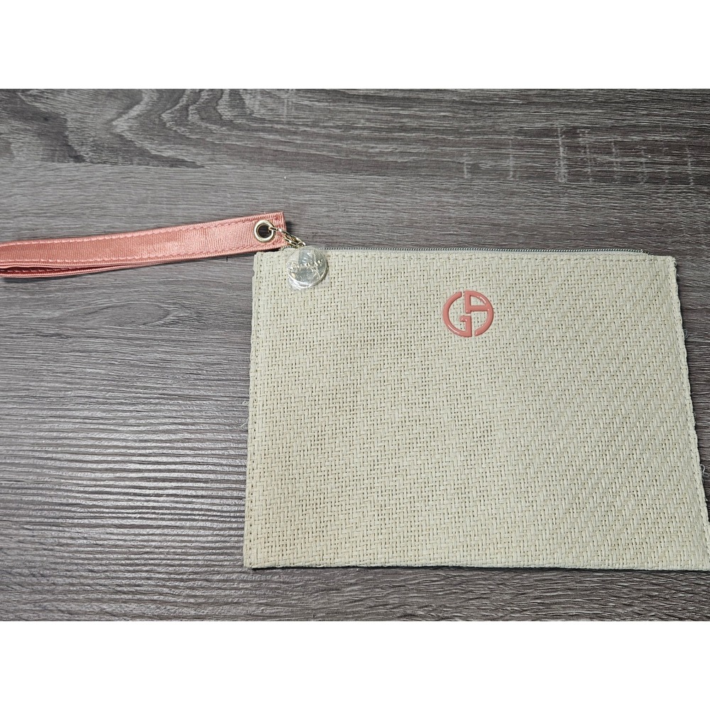 Armani Beauty My Way Cream Woven Wristlet Pouch Pink Strap Gold Charm 8x6
